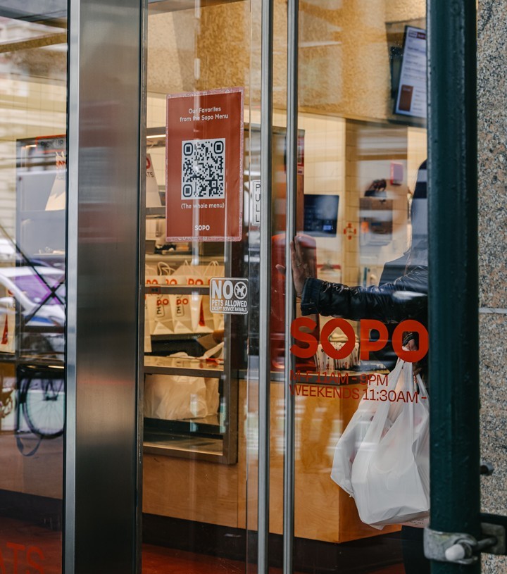 Exterior view of Sopo, a Korean fast-casual restaurant in Manhattan, New York City.