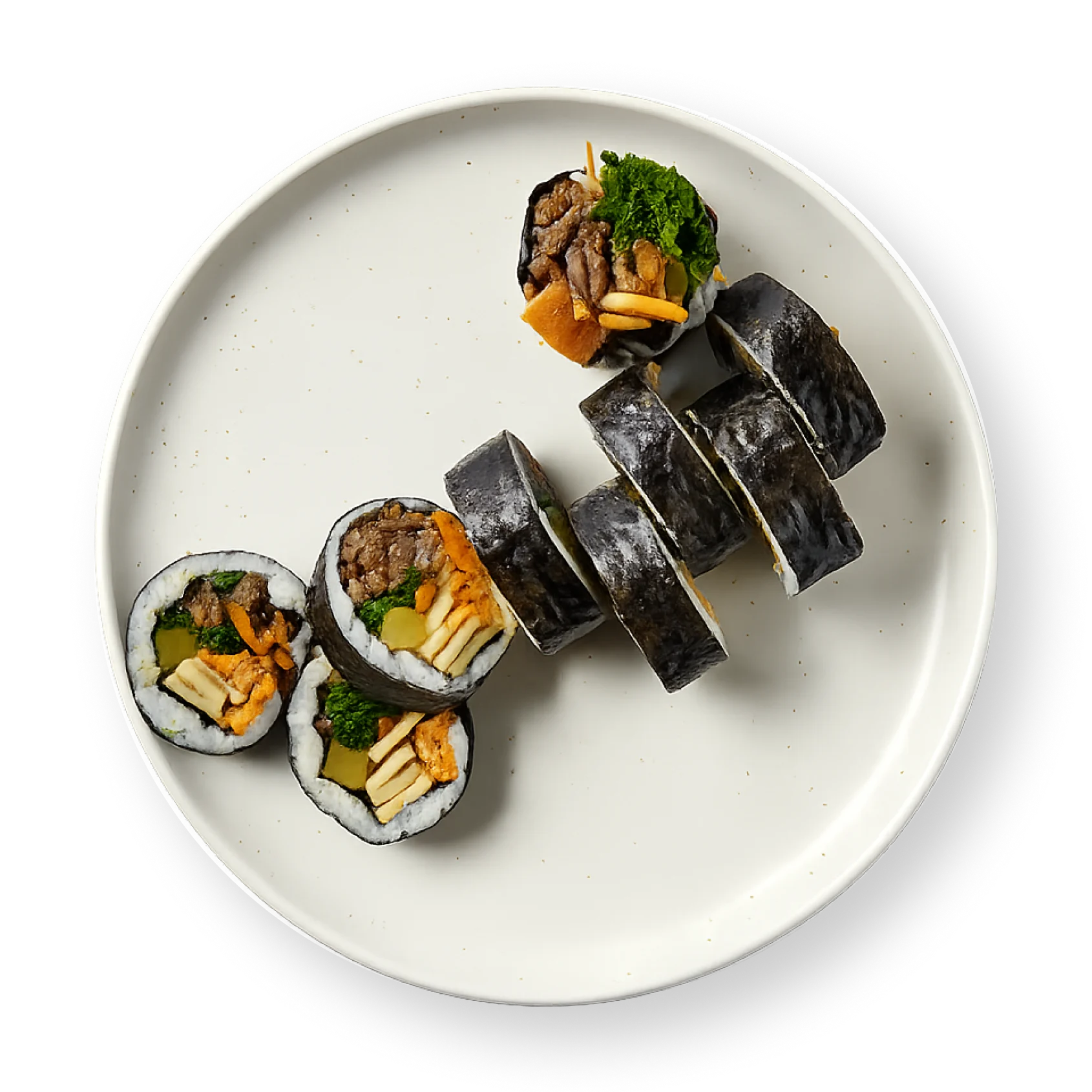 Thinly-sliced, sautéed ribeye with soy sauce marinade. Kimbap includes kale, carrots, pickled daikon, tofu, and fish cake.