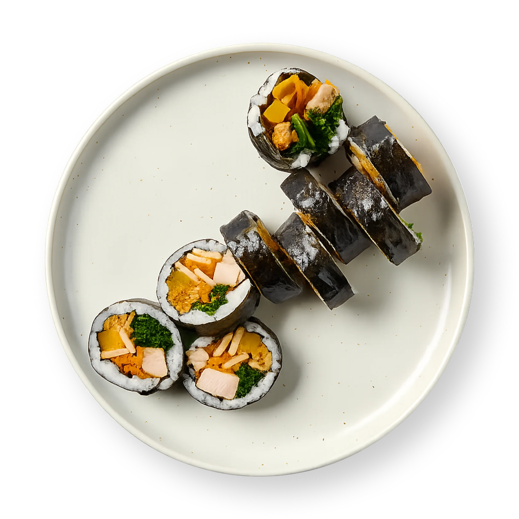 Roasted chicken thigh, marinated in shiitake and garlic, smoked with rosemary. Kimbap includes kale, carrots, pickled daikon, tofu, and fish cake.