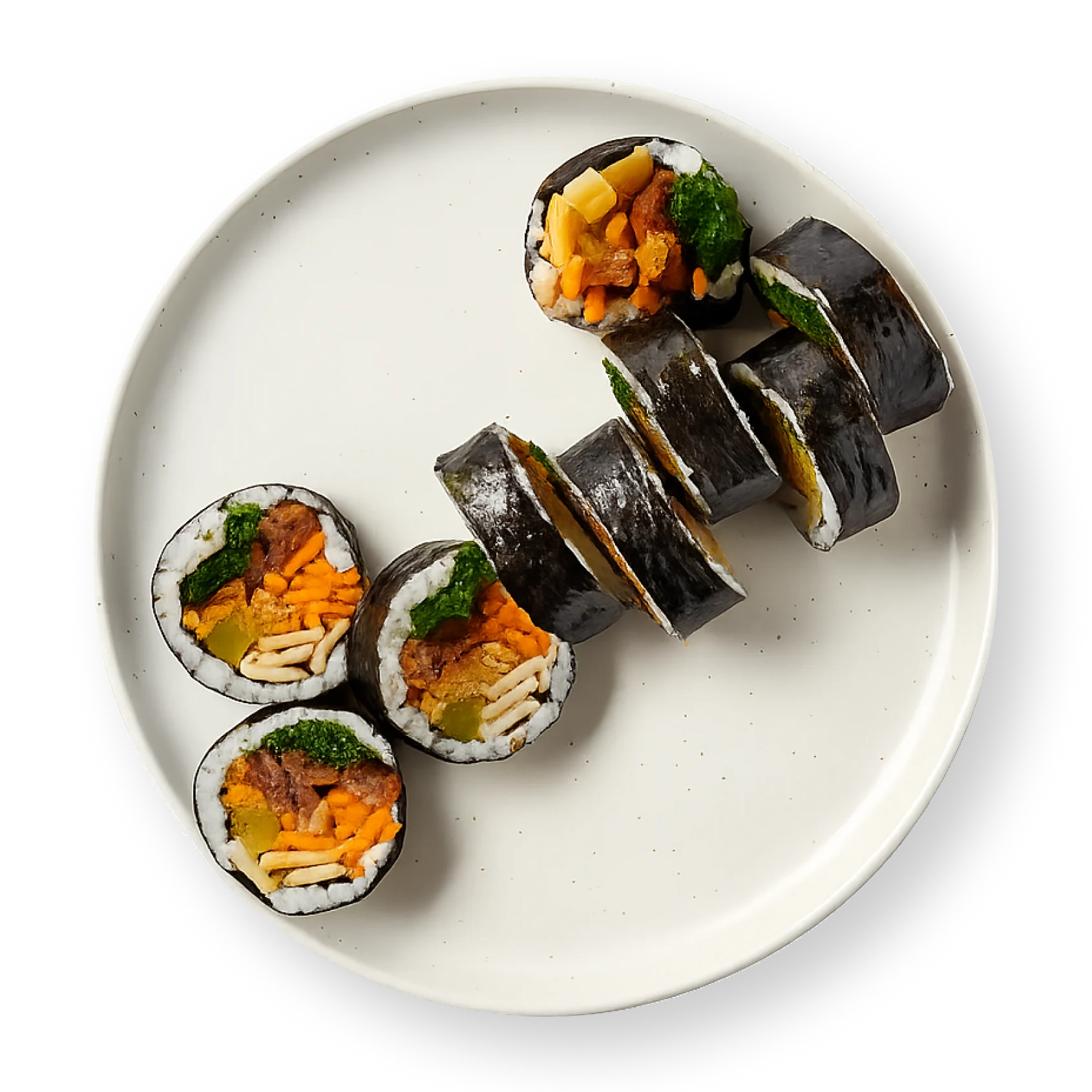 Sautéed pork shoulder with spicy red pepper sauce. Kimbap includes kale, carrots, pickled daikon, tofu, and fish cake.