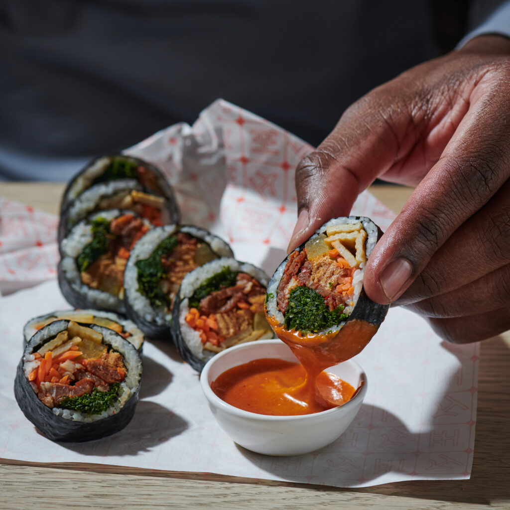 Freshly rolled Korean kimbap packed for a Midtown desk lunch